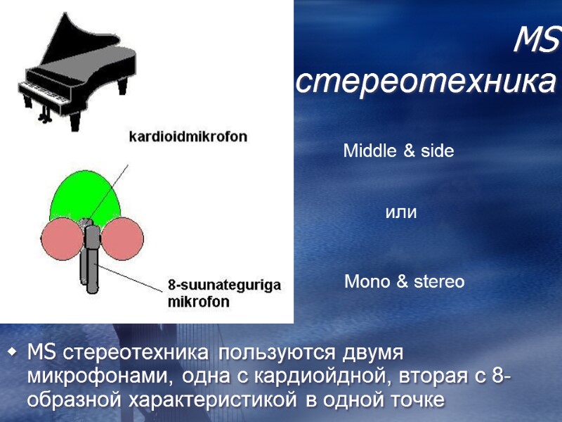 MS  стереотехника MS стереотехника пользуются двумя микрофонами, oдна с кардиойдной, вторая с 8-образной